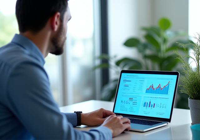 Business professional analyzing email analytics dashboard